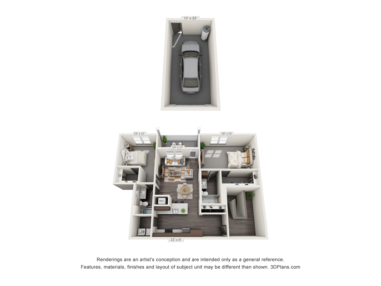 Floor plan for 2 beds, 2 baths, 1217 sqft